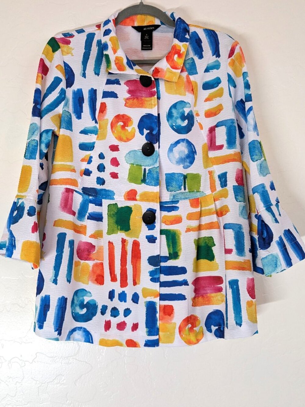 ALI MILES Top Women's S Colorful Geometric Abstract Button 3/4 Sleeve Artsy